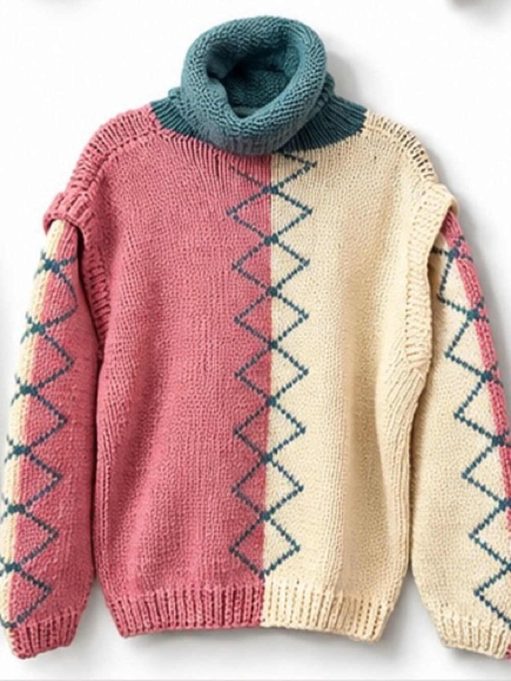 Vintage Colorblock Argyle Chunky Cowo Turtleneck Sweater Diamond Knit L